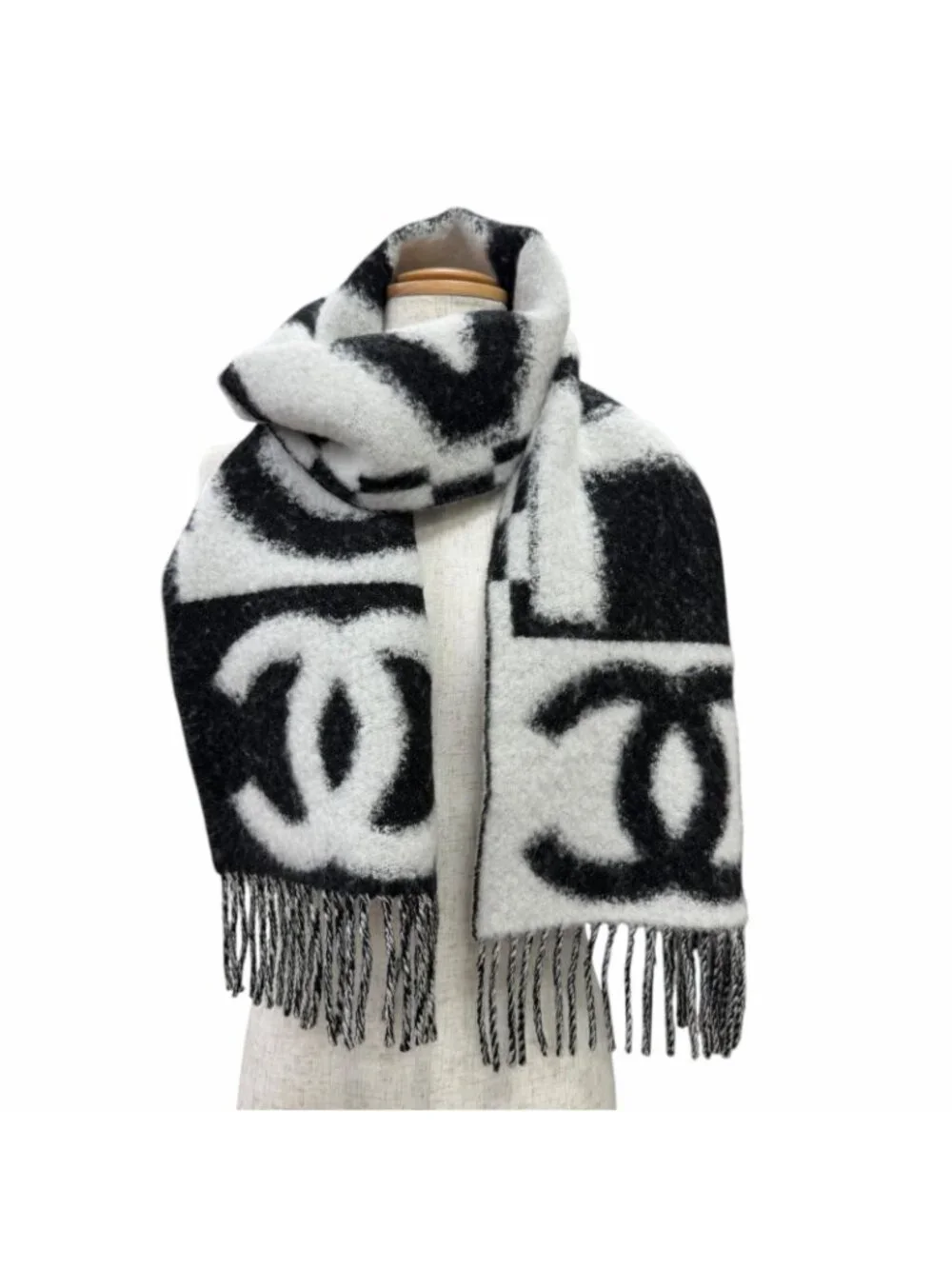 Chanel Cashmere Silk CC Logo Design Fringe Scarf White Black